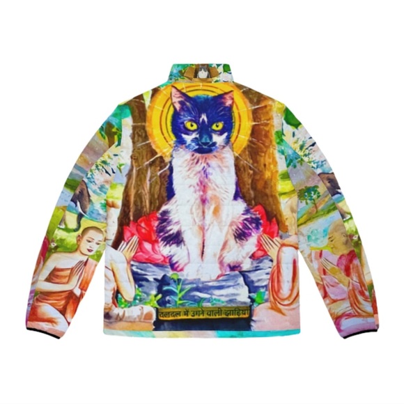 Pussycat Paradise Puffer - Zen Cat Worship Feline Buddha Artisan Quilted Jacket - Picture 9 of 12